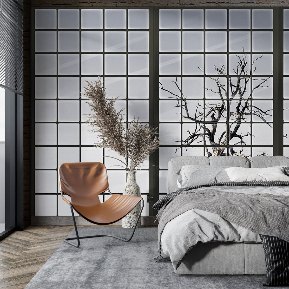 Winter Tree Mural Wallpaper, minimalist window view, grey bed, brown chair, modern bedroom design.
