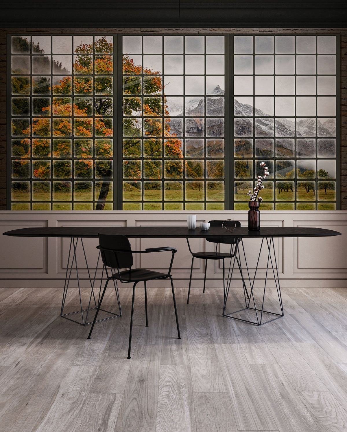 Scenic Mountain Autumn View Window Mural Wallpaper in dining room with light wood flooring and black chairs.