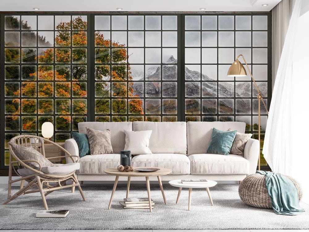 Scenic Mountain Autumn View Window Mural Wallpaper in modern living room with grey sofa and wood flooring.