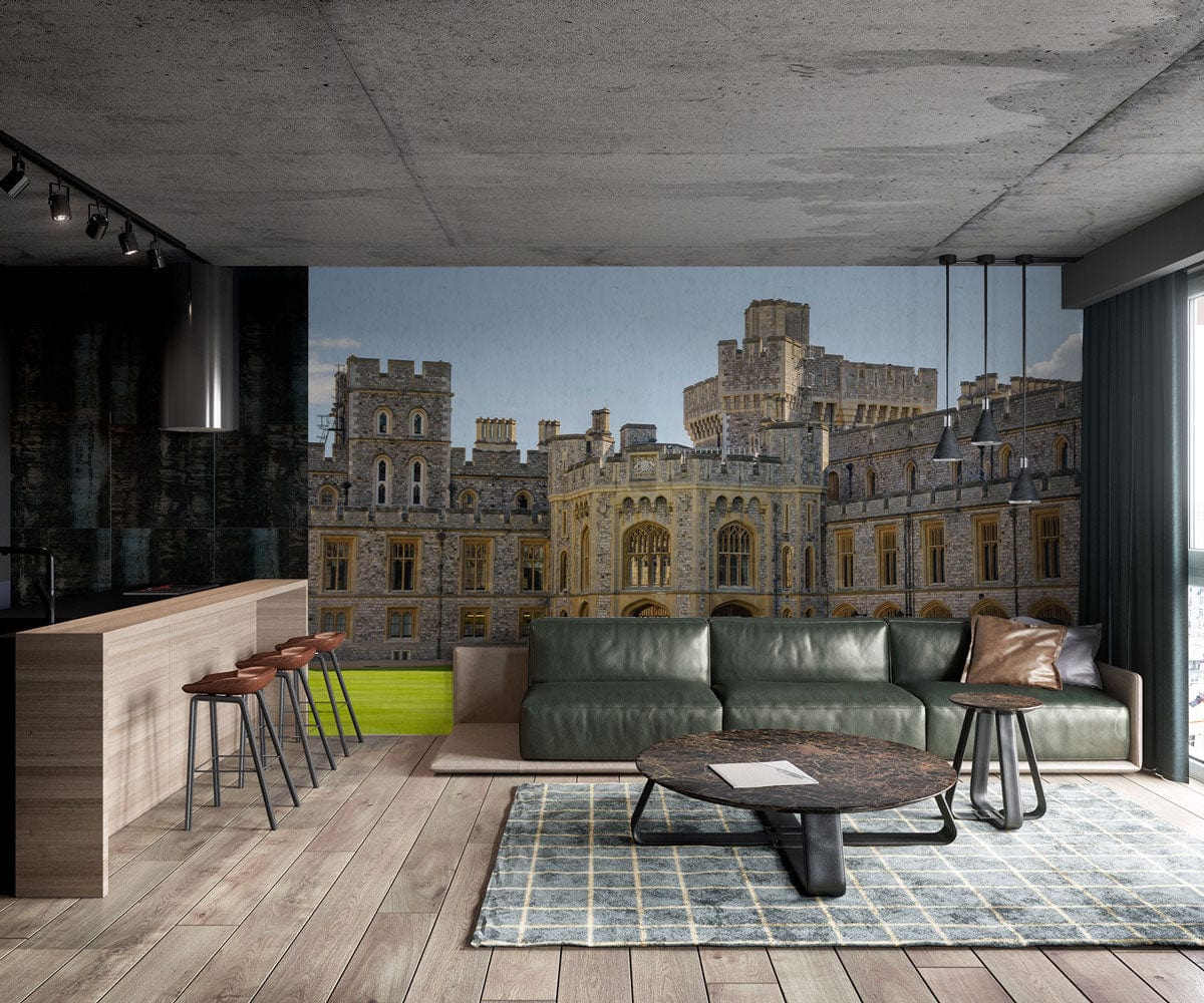 Regal Stone Castle mural wallpaper with green sofa, wood flooring, modern room setting, large wall design.