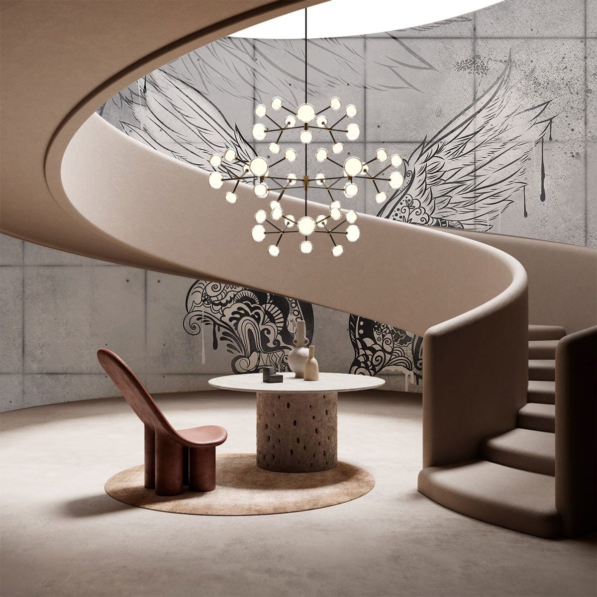 Elegant Grey Angel Wing Mural Wallpaper with intricate design, modern chandelier, spiral staircase, minimalist decor.