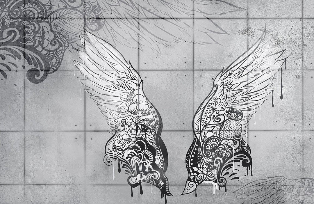 Elegant Grey Angel Wing Mural Wallpaper with Intricate Pattern Design