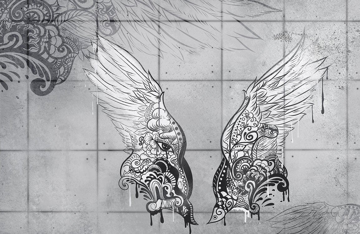 Elegant Grey Angel Wing Mural Wallpaper with Intricate Pattern Design