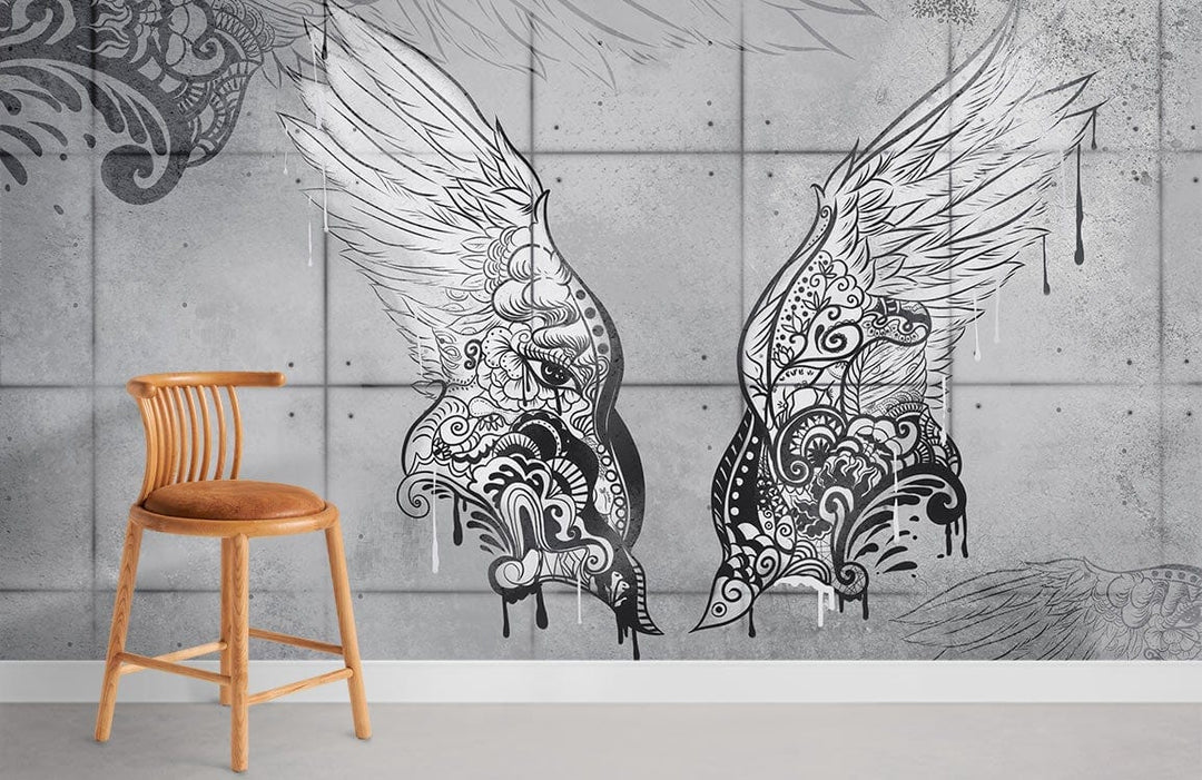 Elegant Grey Angel Wing Mural Wallpaper, intricate pattern, wooden chair, concrete floor, modern style.