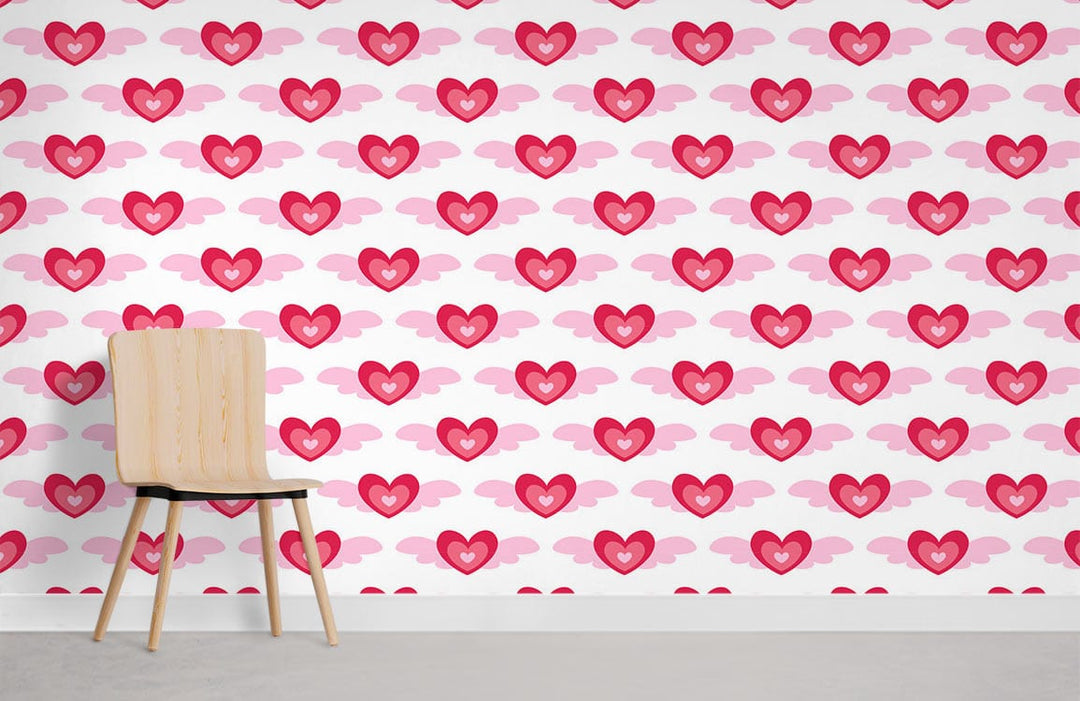 Charming pink heart wallpaper in romantic bedroom with modern wooden chair and light flooring.