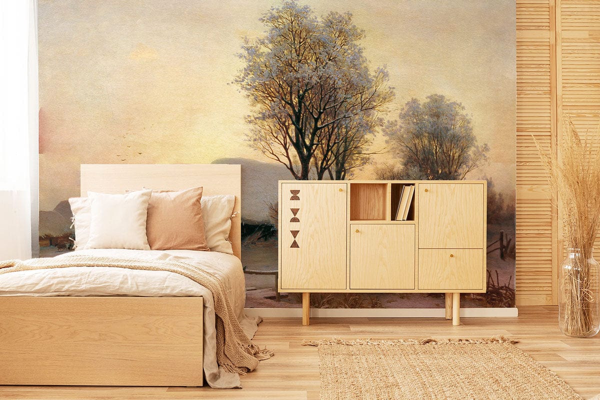 Tranquil Winter Landscape Mural Wallpaper with Soft Neutral Tones for Bedrooms