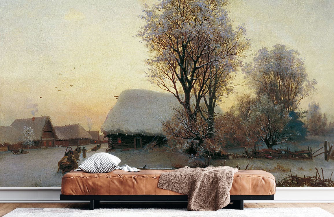Tranquil winter landscape mural wallpaper in bedroom with brown sofa and beige rug flooring.