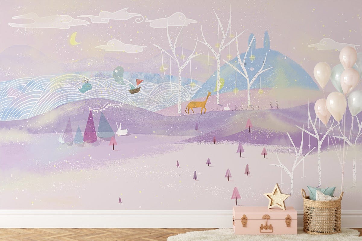 Pastel Fantasy Wallpaper Mural - Enchanting Purple Woodland Scene, hardwood flooring, children's room, balloons, toys.