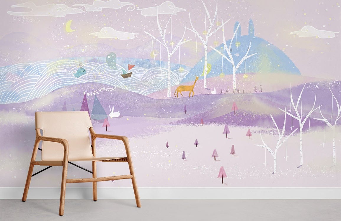 Enchanting woodland mural with a beige chair on grey floor, perfect for a living room setting.
