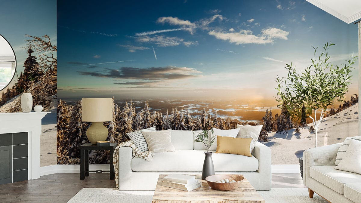 Winter sunrise mural in blue tones, elegant sofa, modern living room, soothing decor, wooden flooring.