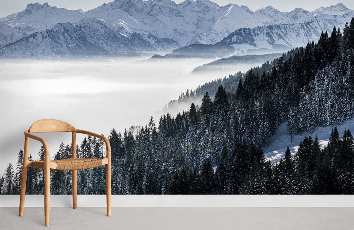 Serene Snowy Mountains Landscape mural wallpaper, featuring wooden chair, modern grey flooring in living room.
