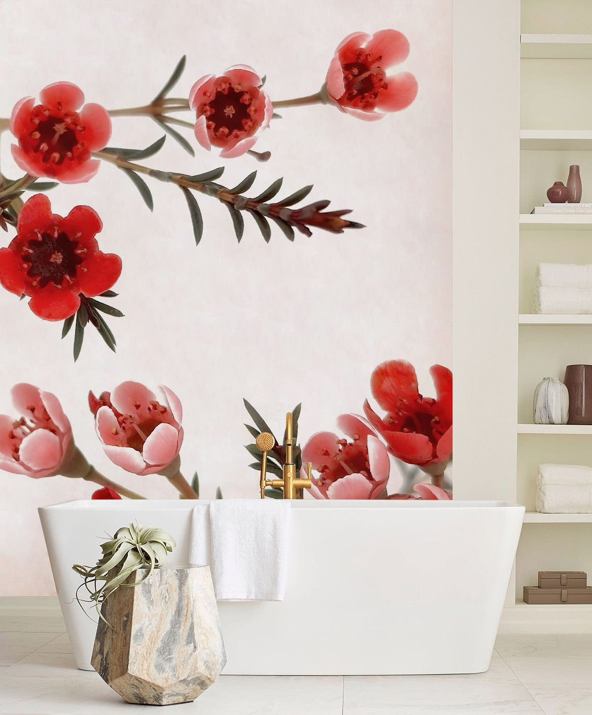 Elegant Red Blossom Floral Mural Wallpaper in bathroom; white freestanding bathtub; minimalist decor.