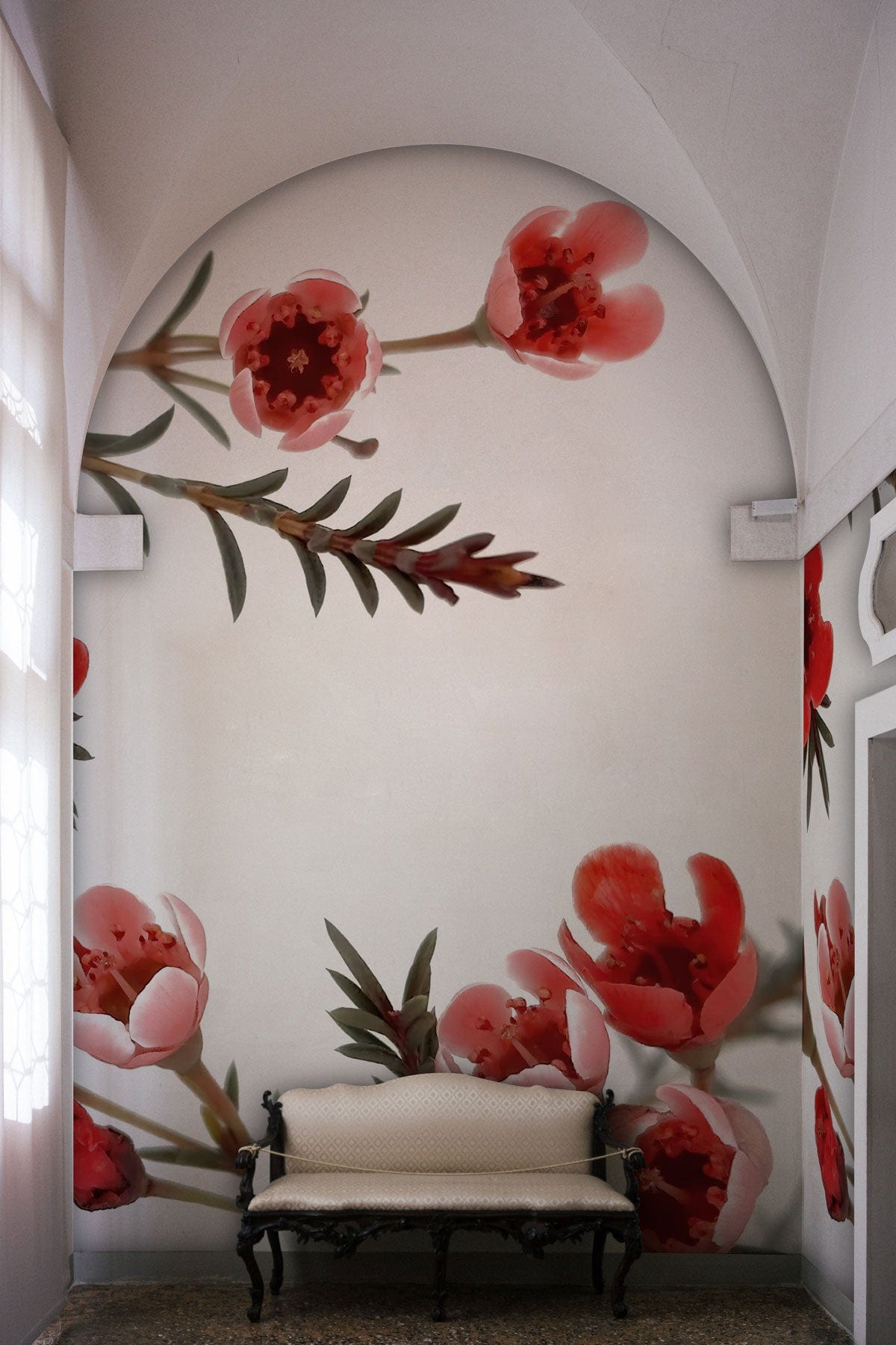 Elegant red blossom floral mural, arched room, vintage sofa, minimalist style.