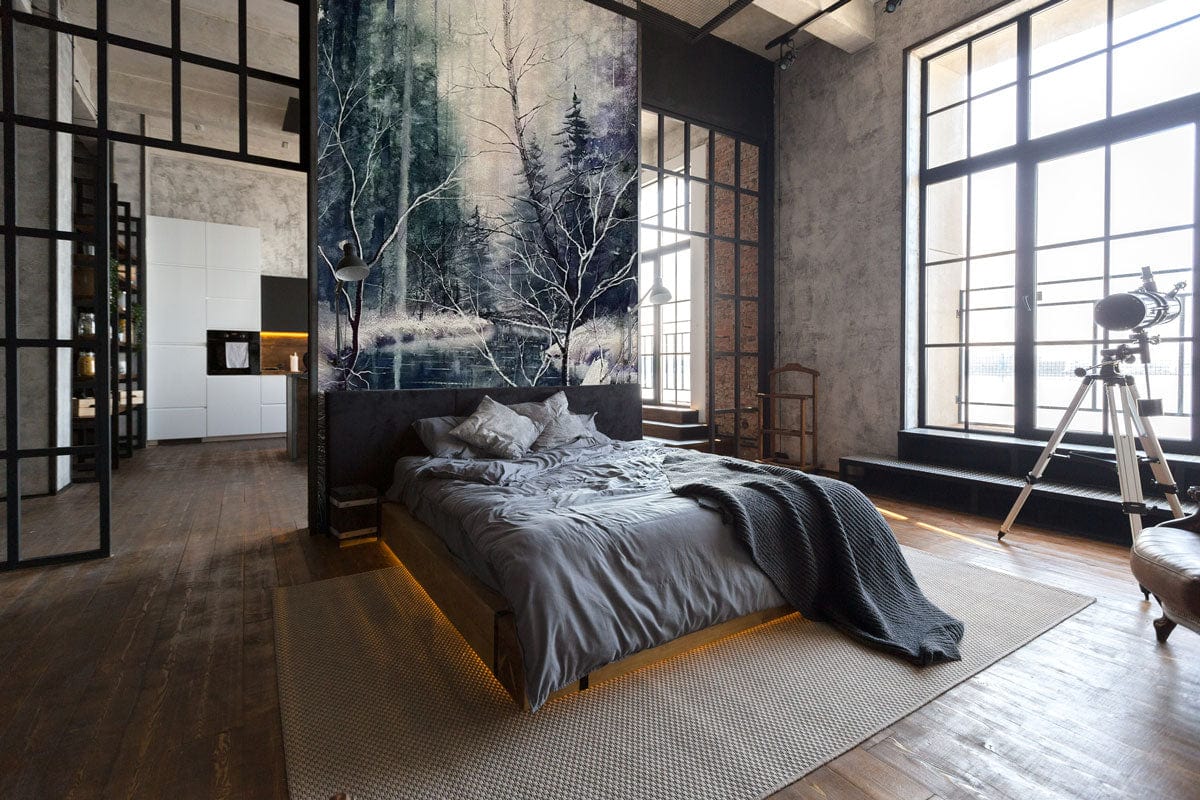 Enchanted Winter Forest Mural in modern bedroom with grey bedding, wooden flooring, and telescope decor.