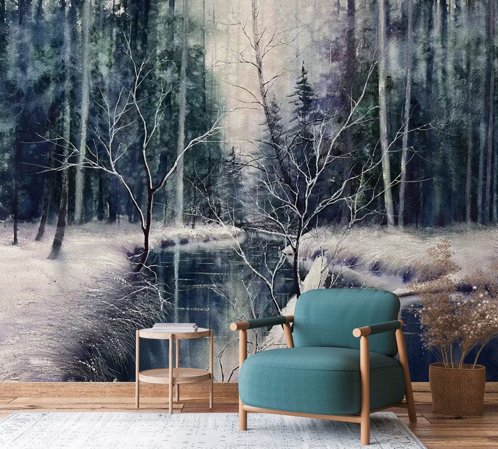 Enchanted winter forest mural wallpaper, serene blue landscape, teal armchair, wooden flooring, living room.