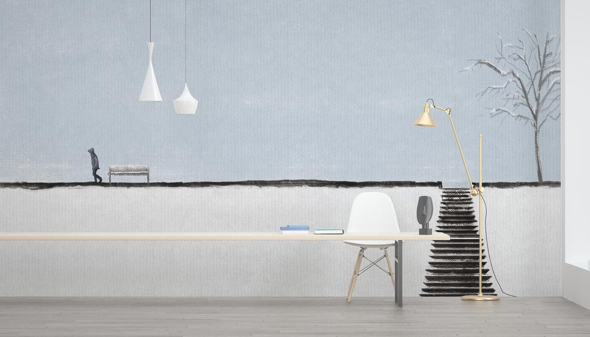 Minimalist landscape mural wallpaper with soft grey tones, white chair, wooden flooring, and gold lamp.