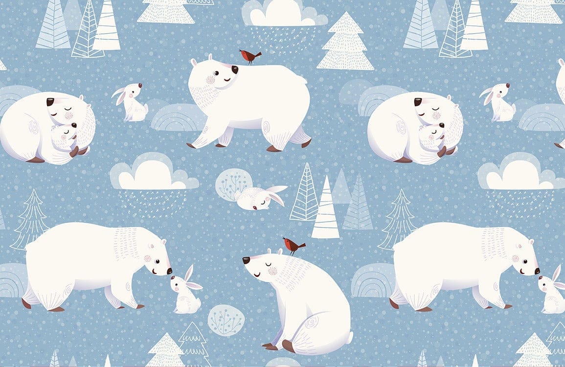 Cosy Winter Bears and Forest Animals Blue Kids Wallpaper Mural