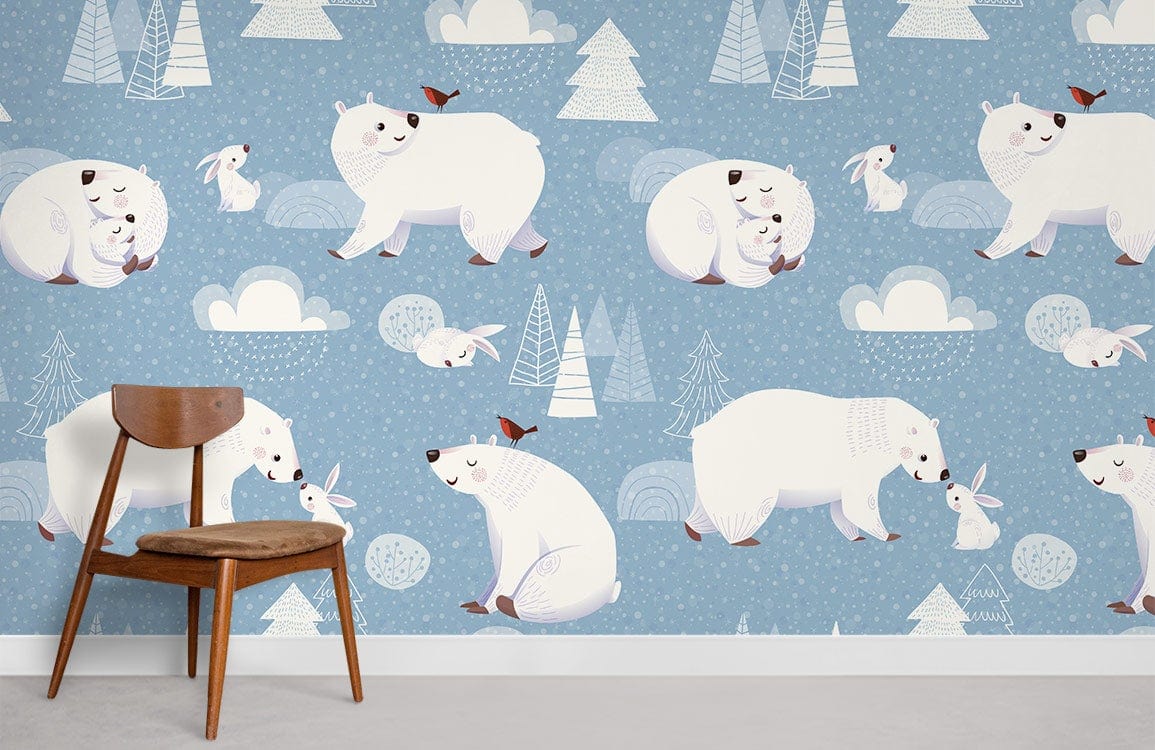 Cosy Winter Bears and Forest Animals Blue Kids Wallpaper Mural, wooden chair, neutral grey flooring.