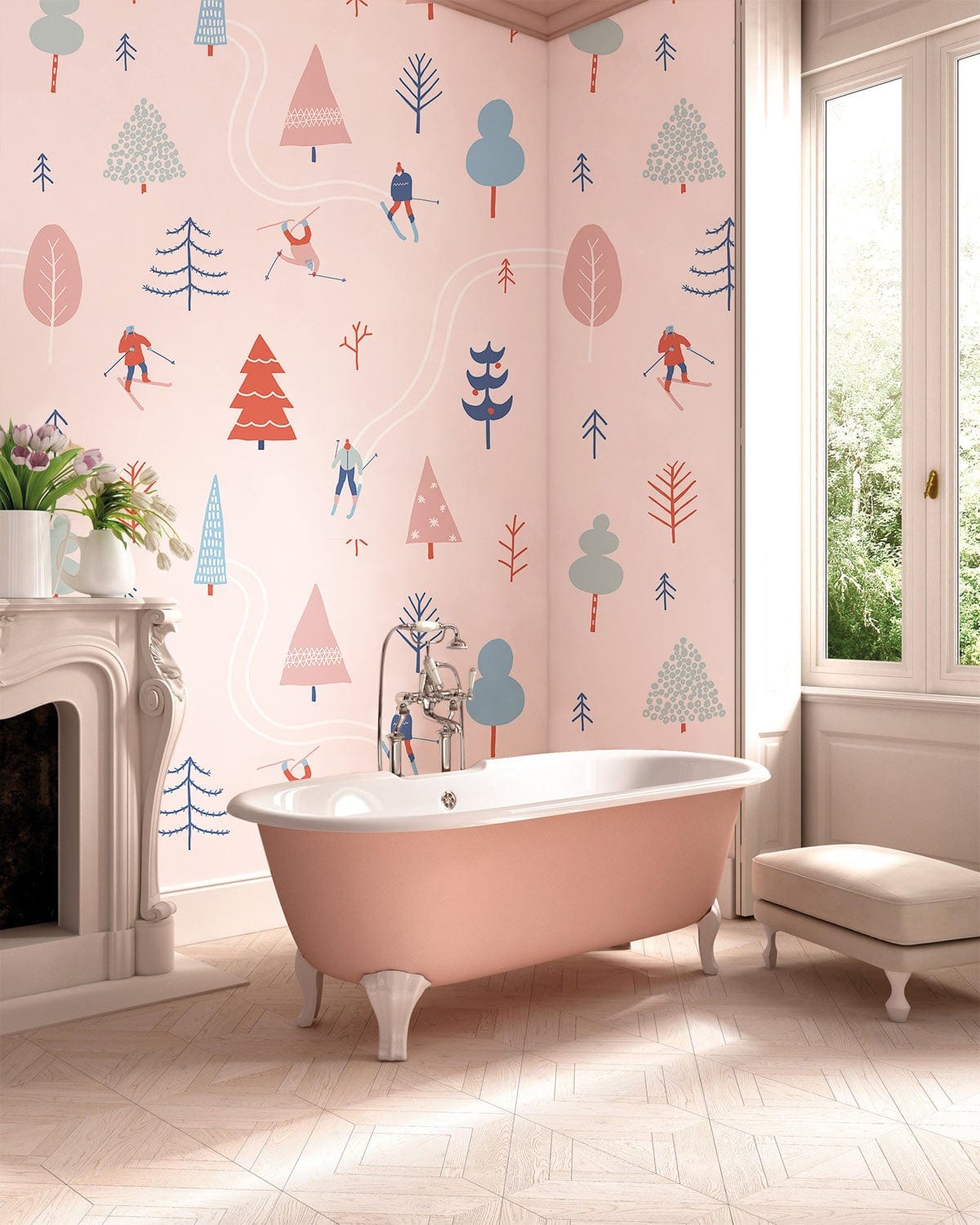 Winter Wonderland Skiers pastel wallpaper, vintage bathroom, pink bathtub, wooden flooring, elegant mantelpiece.