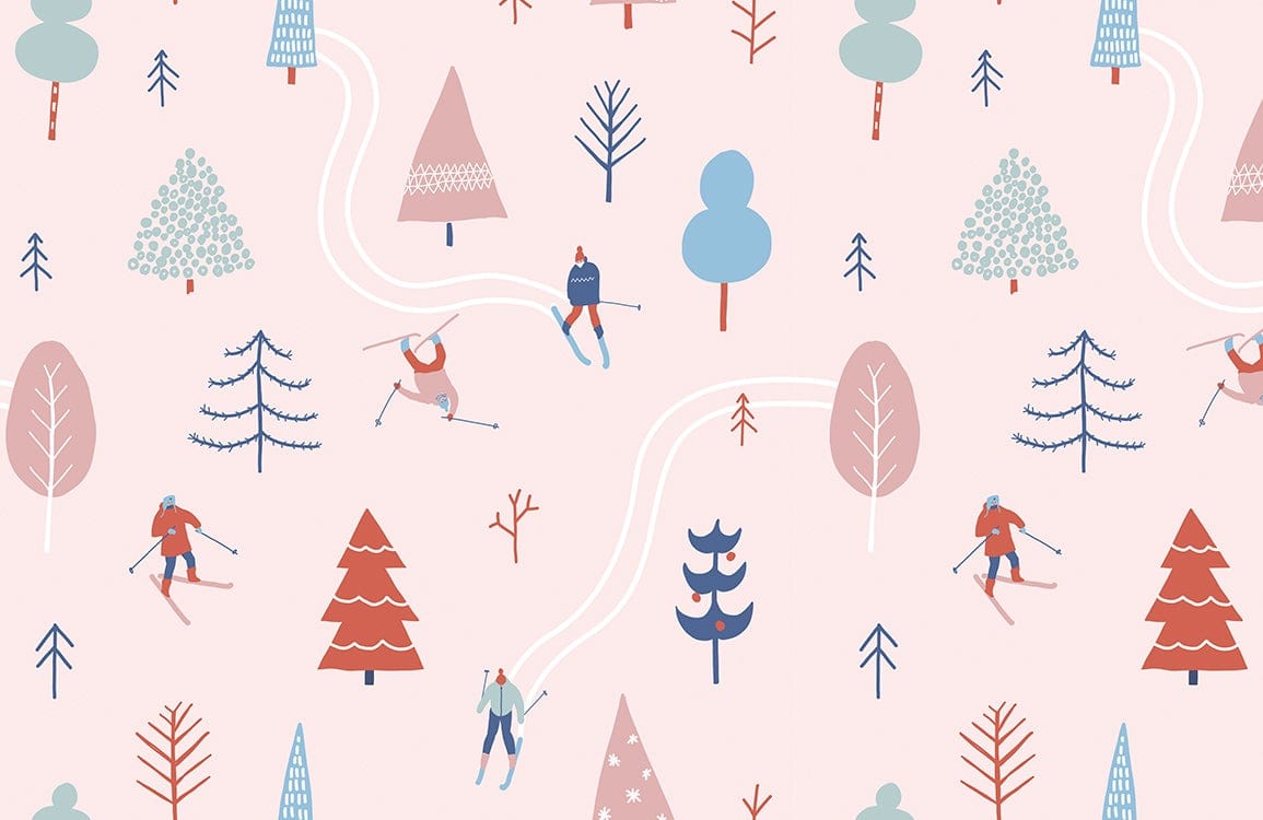 Winter Wonderland Skiers Pastel Pink Vintage Style Wallpaper Décor