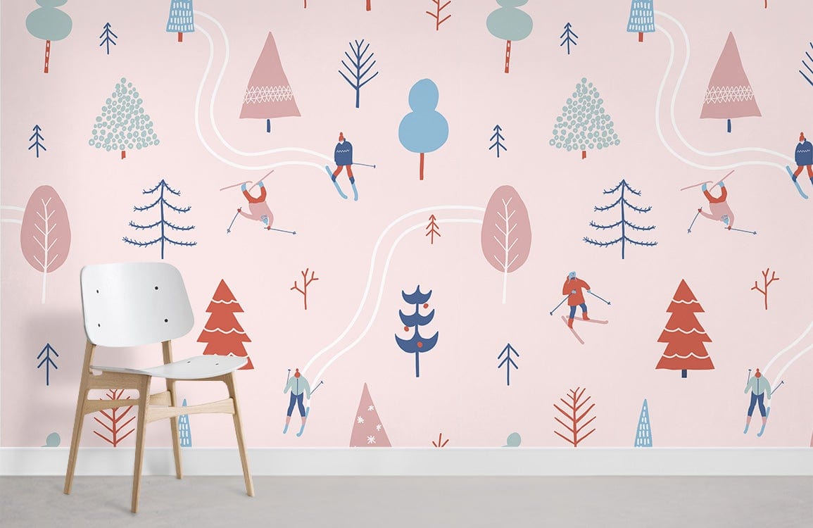 Winter Wonderland Skiers Pastel Pink Wallpaper features vintage skiers, minimalist chair on light flooring.