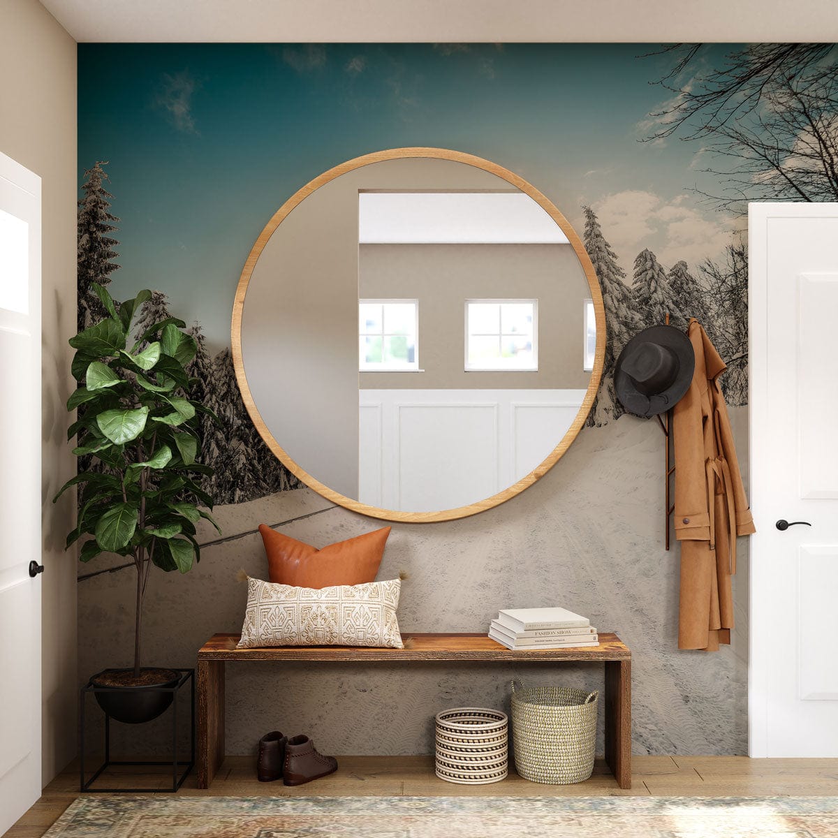 Winter Wonderland Snowy Forest Mural features bench, round mirror, winter coat, and potted plant.