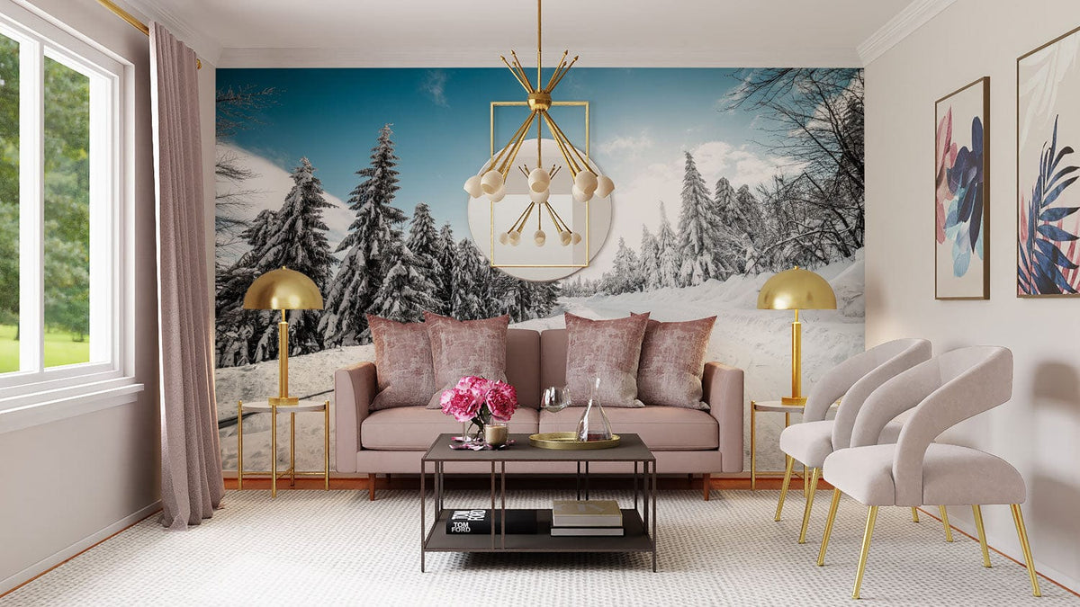 Winter Wonderland Snowy Forest wallpaper, elegant gold chandelier, beige sofa, modern living room decor.