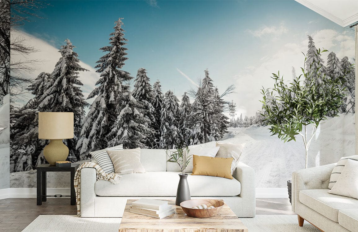 Winter Wonderland snowy mural in living room with elegant sofa, wooden coffee table, and soft lighting.