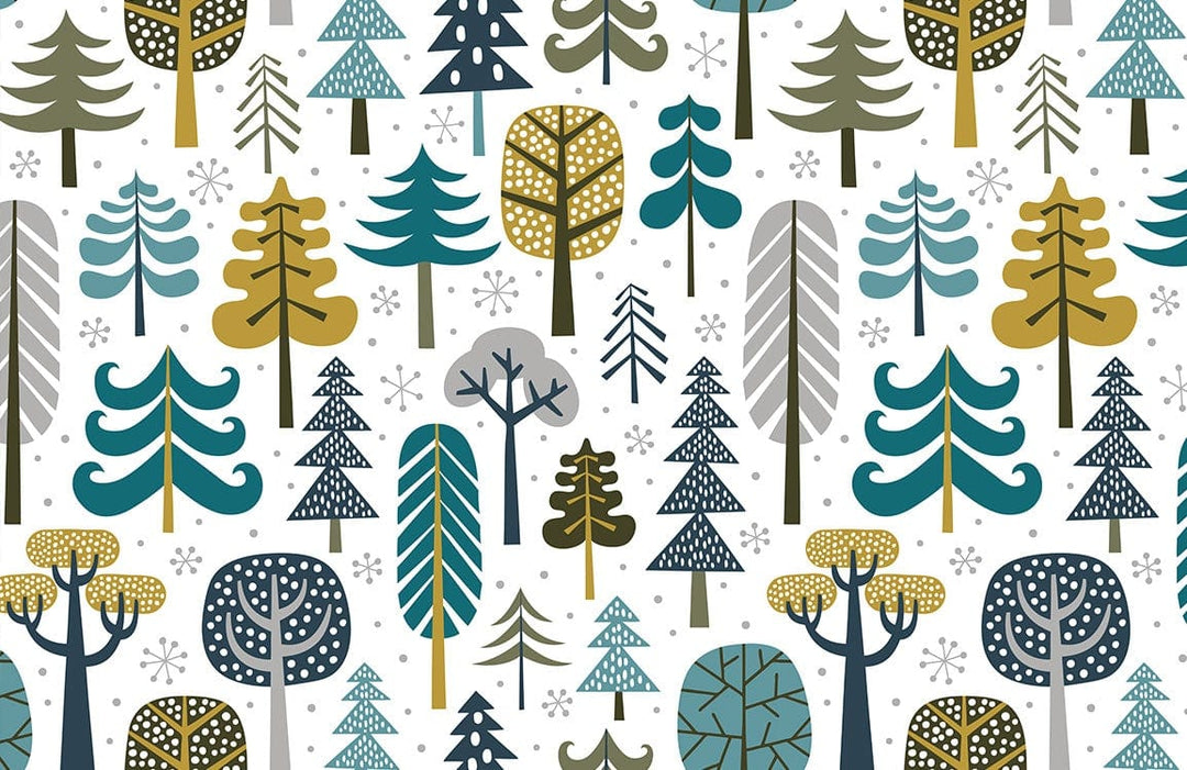 Scandi Woodland Forest Pattern Wallpaper - Teal, Grey, Mustard Retro Style