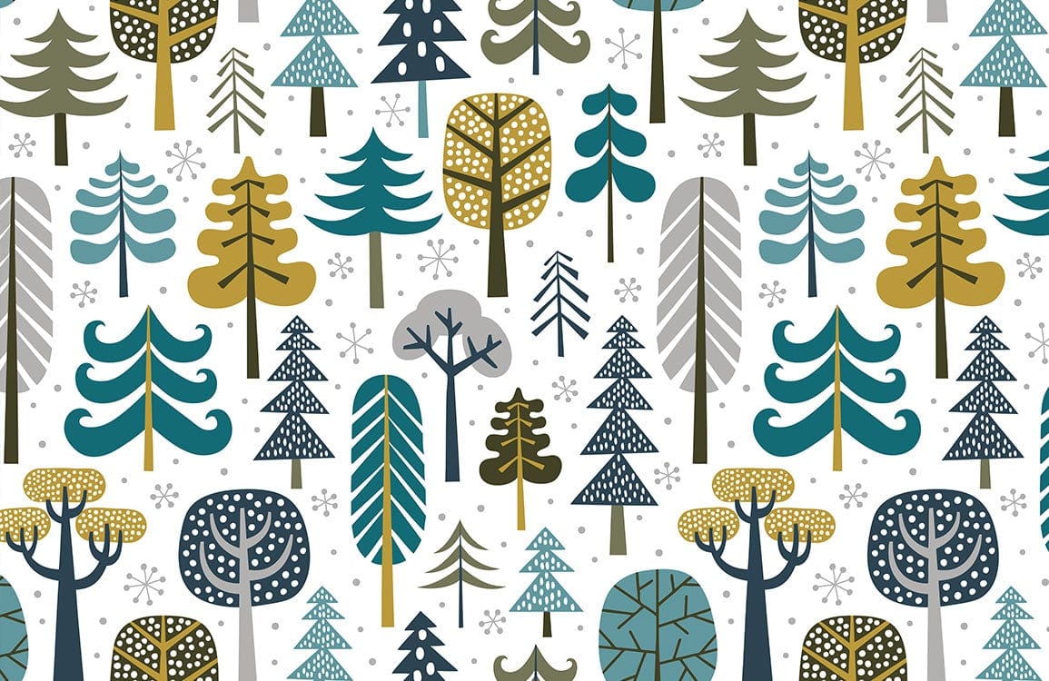 Scandi Woodland Forest Pattern Wallpaper - Teal, Grey, Mustard Retro Style