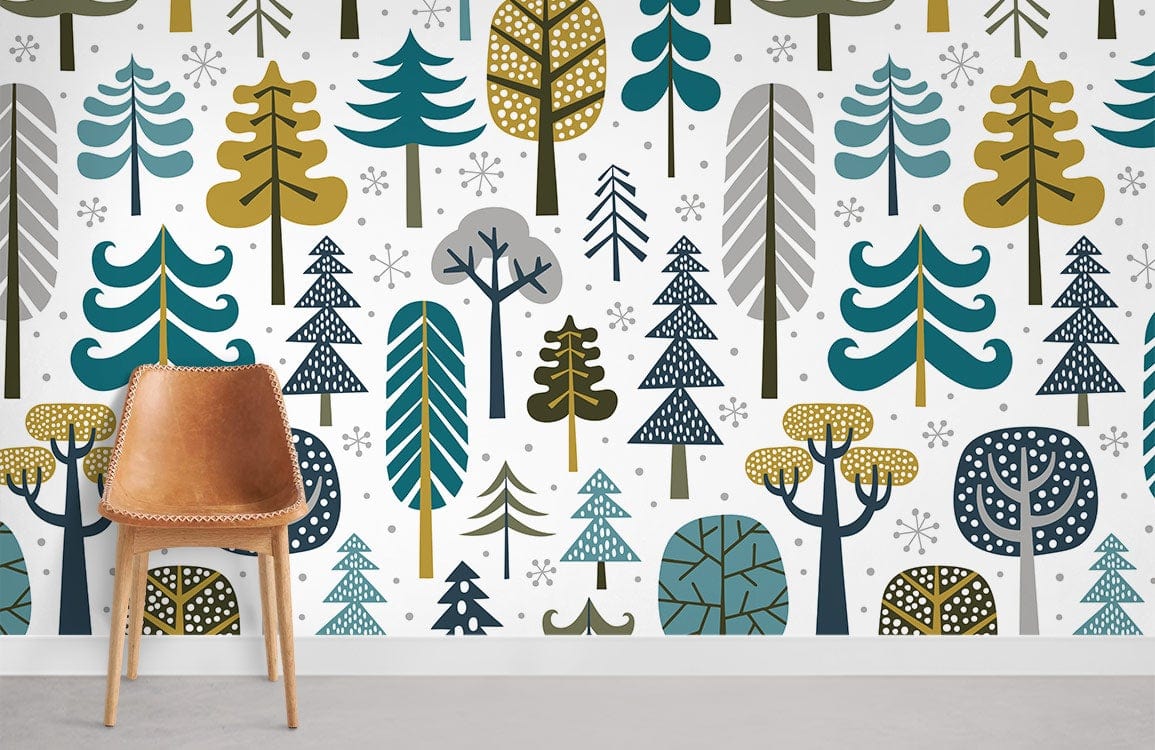 Scandi Woodland Forest wallpaper in teal, grey, mustard; retro style; features brown chair and grey floor.