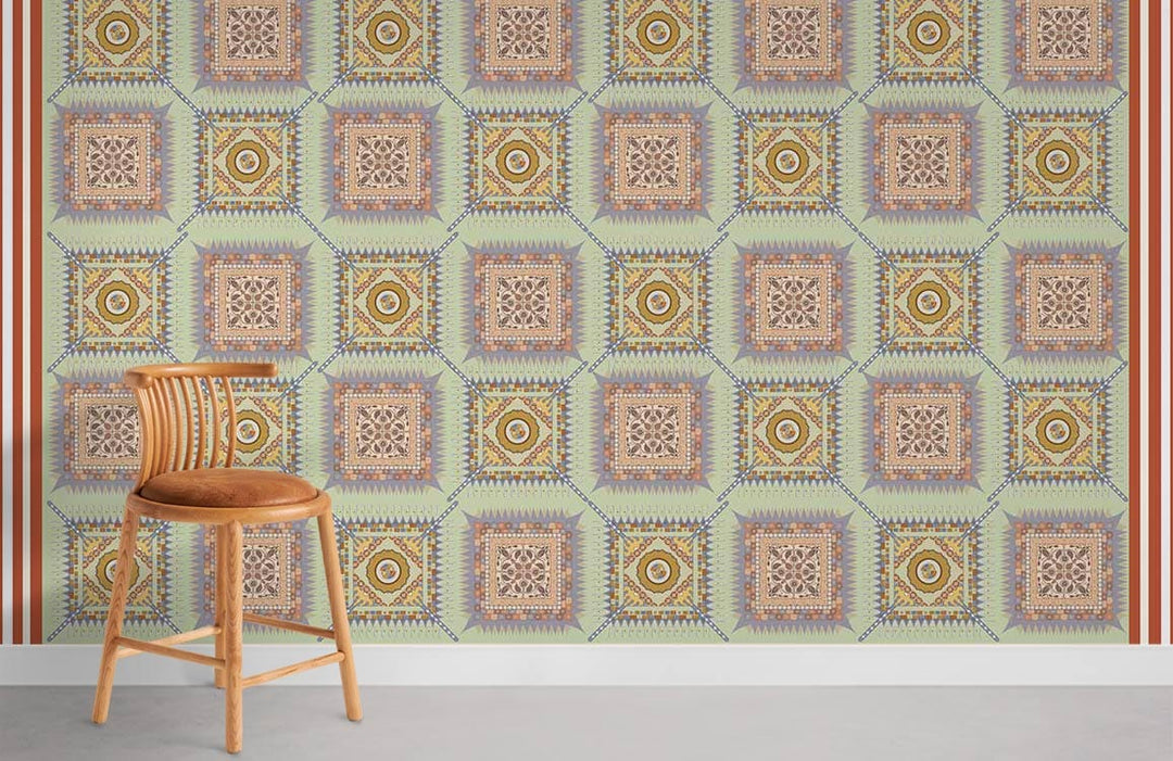 Geometric vintage teal and orange wallpaper mural with wooden chair, grey flooring in modern room design.