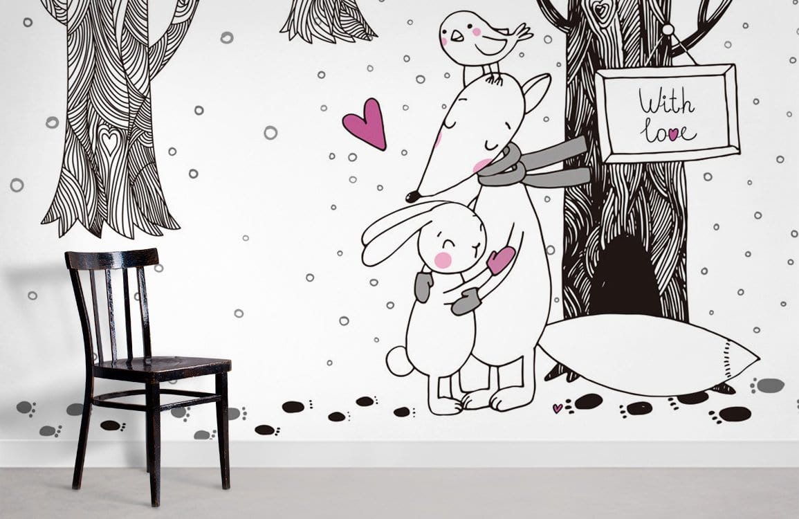 Black chair, Whimsical Woodland Animal Friends Mural Wallpaper, cartoon animals, grey flooring, nursery setting.