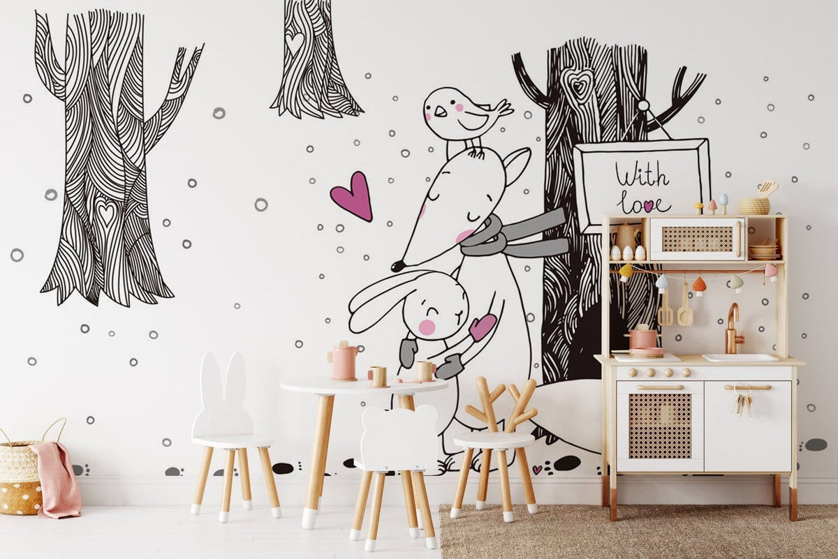 Woodland animal wallpaper mural with child-friendly furniture and play kitchen in cosy nursery setting.