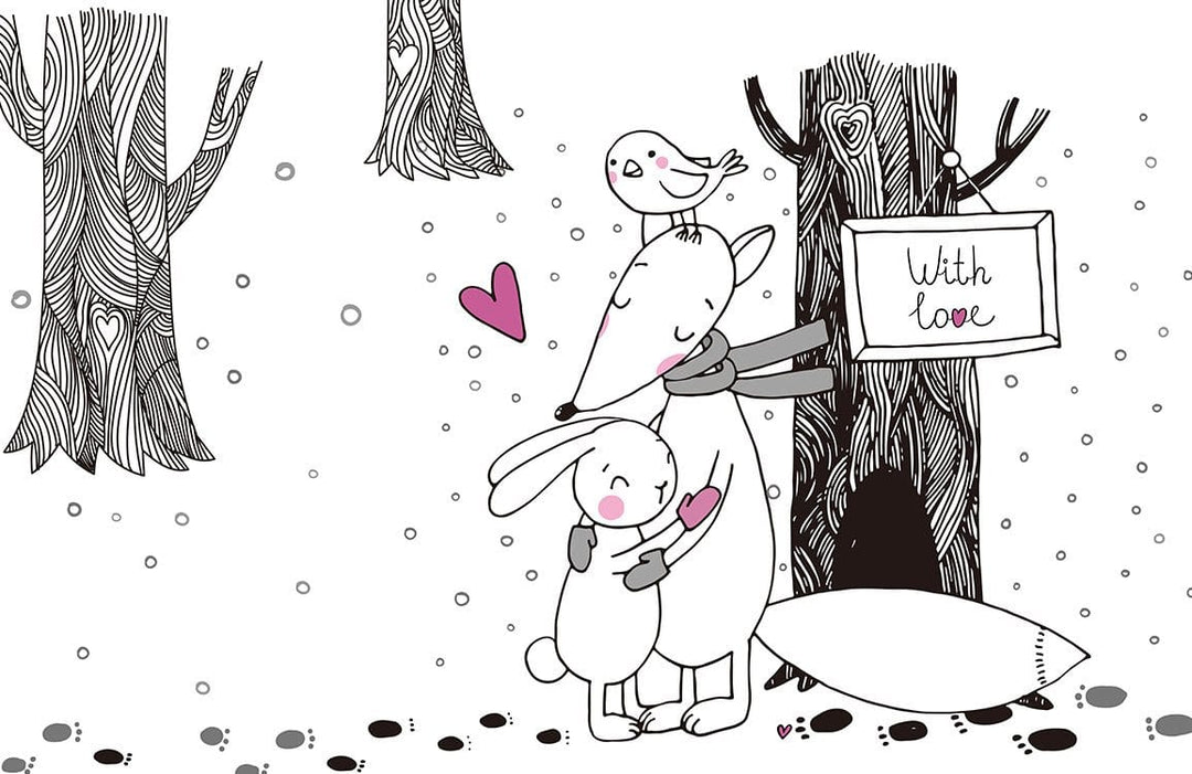 Whimsical Woodland Animal Friends Mural Wallpaper in Black, White, and Pink