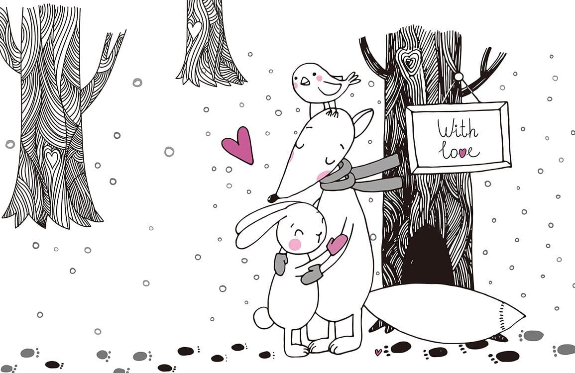 Whimsical Woodland Animal Friends Mural Wallpaper in Black, White, and Pink