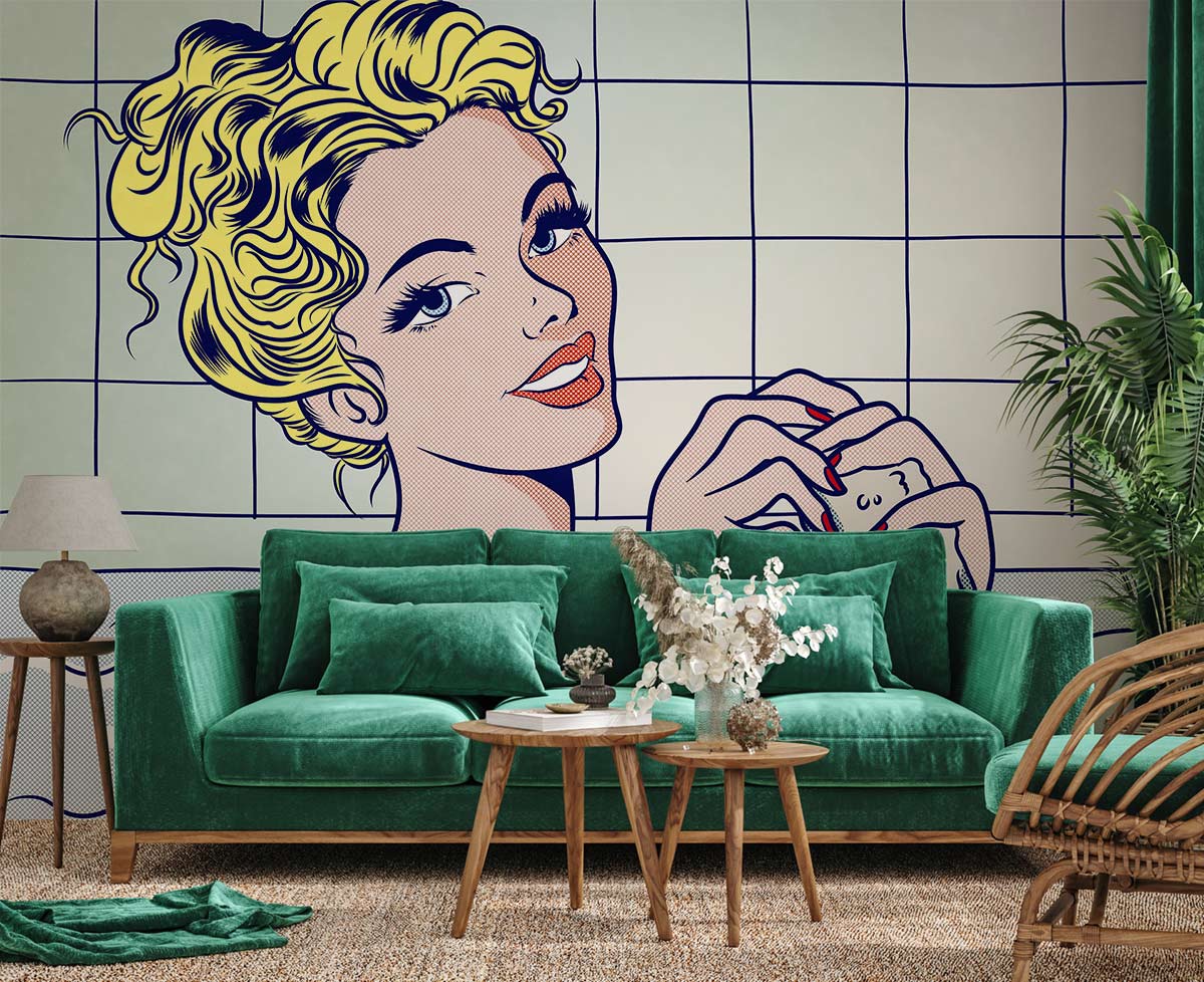Retro Pop Art Woman Mural Wallpaper with green velvet sofa, wicker chair, and beige carpet flooring.