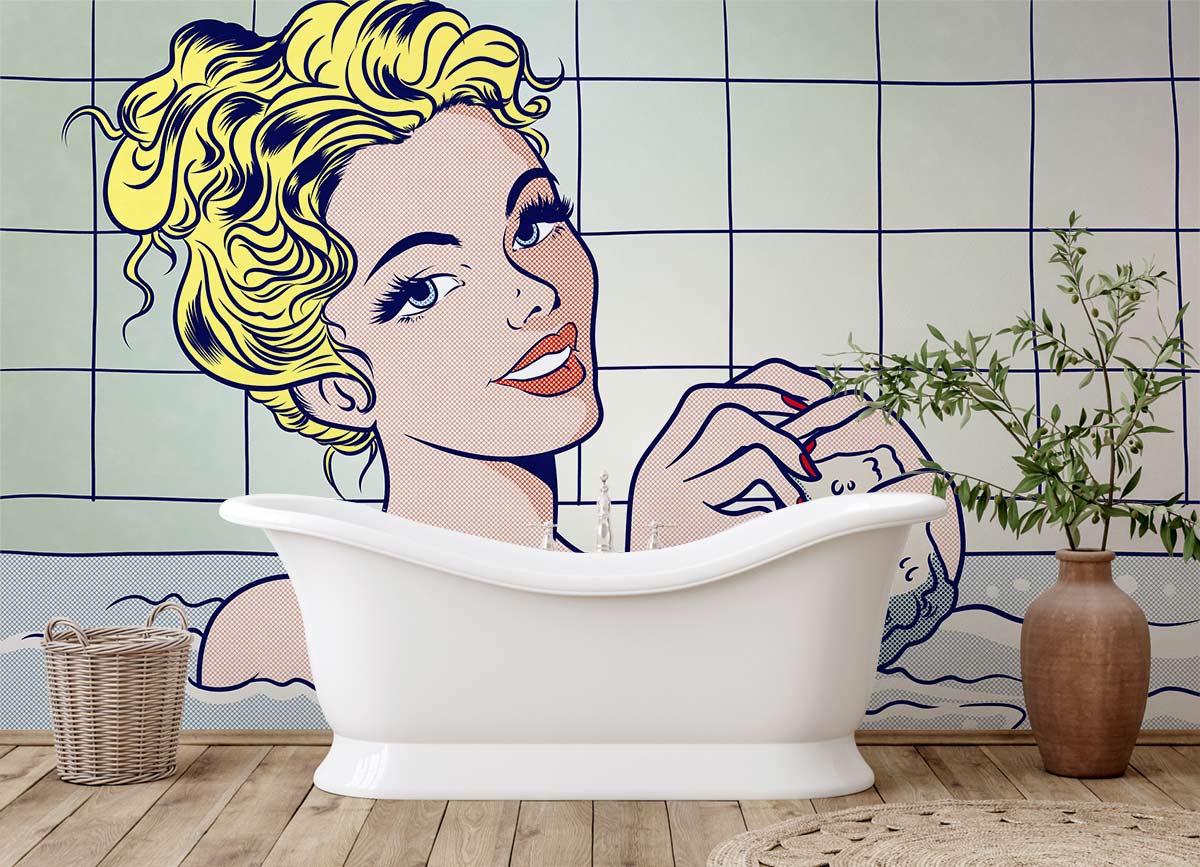 Retro Pop Art Woman Mural Wallpaper in blue-yellow tones, white bathtub, wooden flooring, bathroom setting.