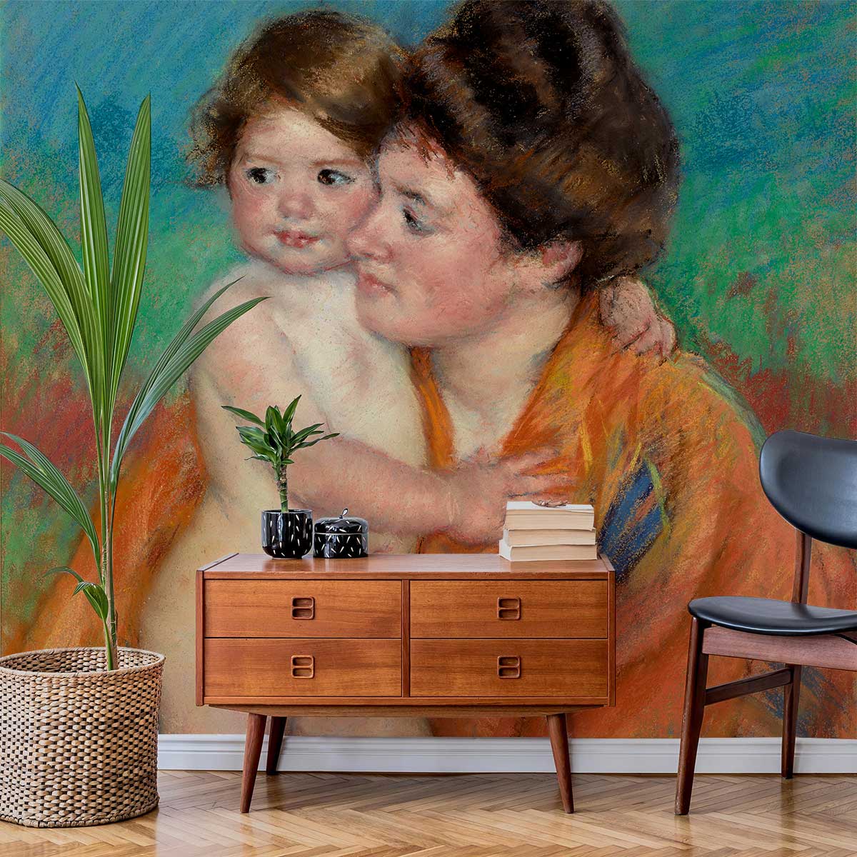 Impressionist mural wallpaper, pastel hues; wooden sideboard, grey chair, parquet flooring, indoor plant, vibrant decor.