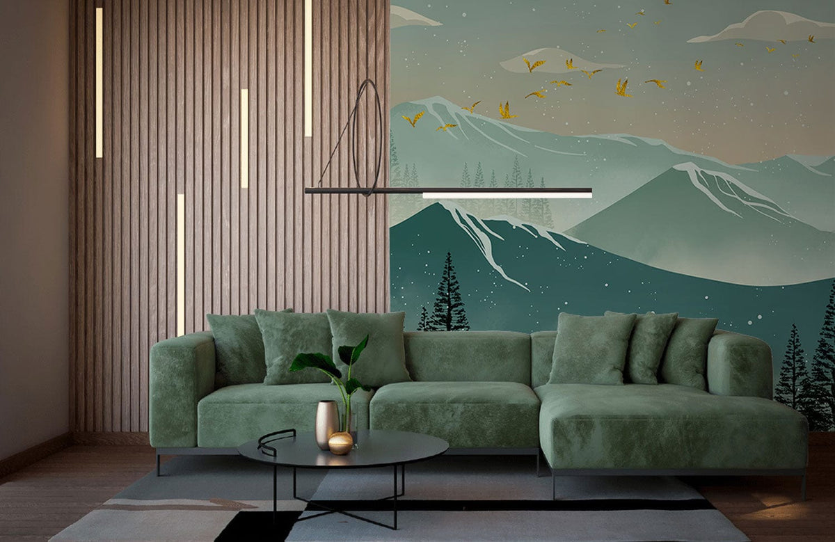 Serene mountain mural wallpaper in teal tones; modern green sofa; wooden panelling; contemporary living room.
