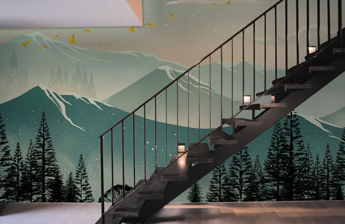 Teal mountain mural wallpaper behind staircase, dark metal railings, wooden flooring enhances serene ambience.