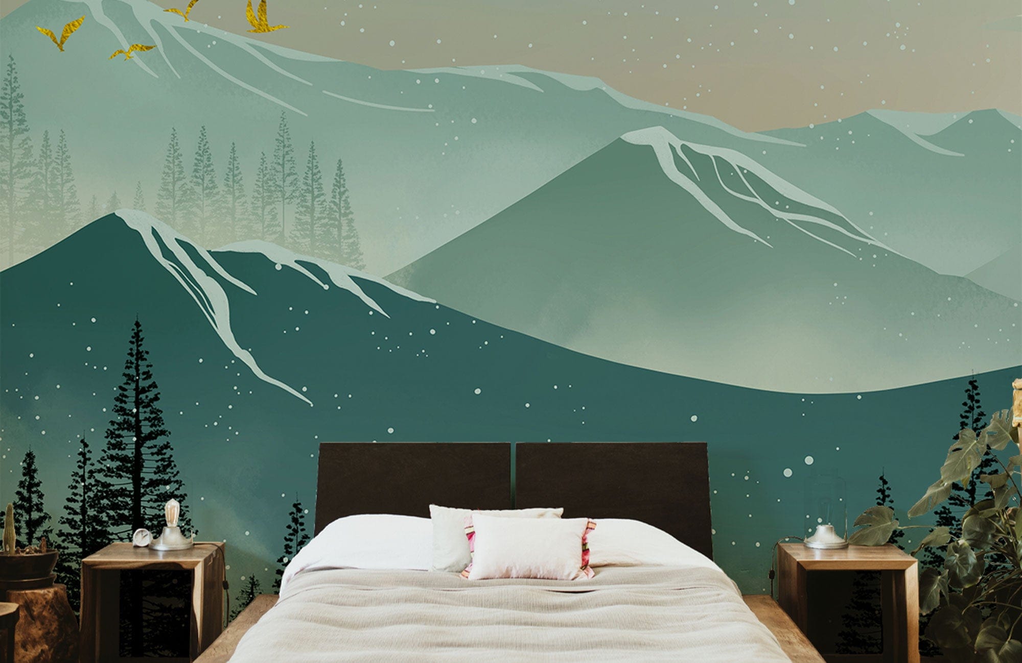 Serene mountain mural in teal, green tones behind modern bed, wooden side tables, neutral bedroom decor.