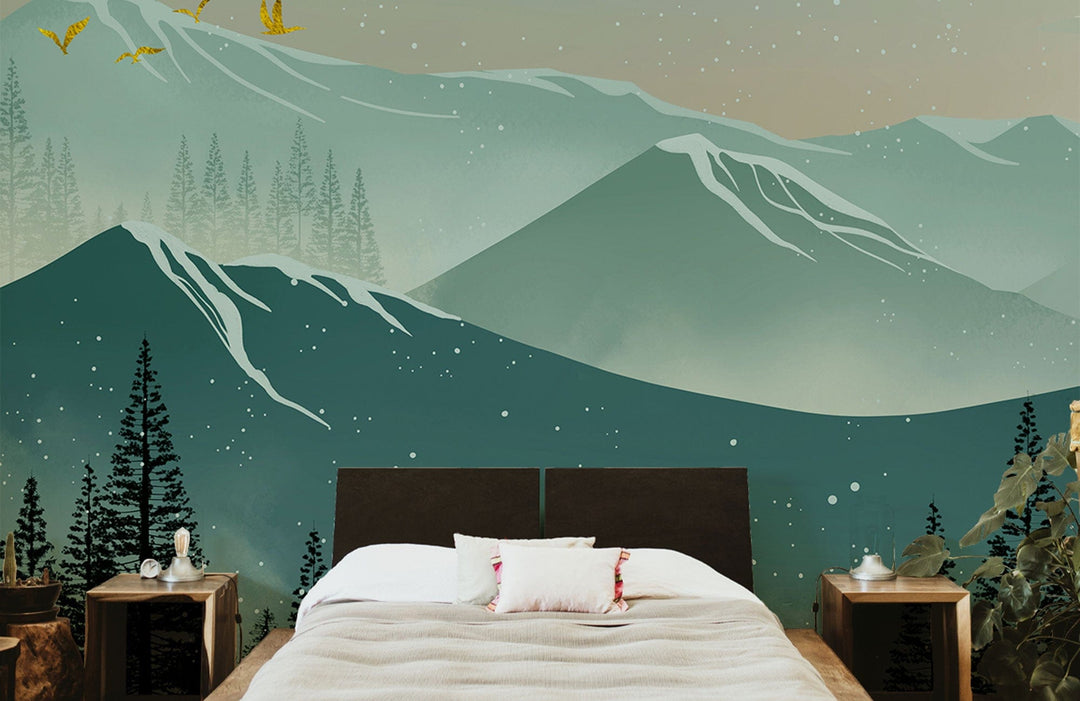 Serene mountain mural in teal, green tones behind modern bed, wooden side tables, neutral bedroom decor.