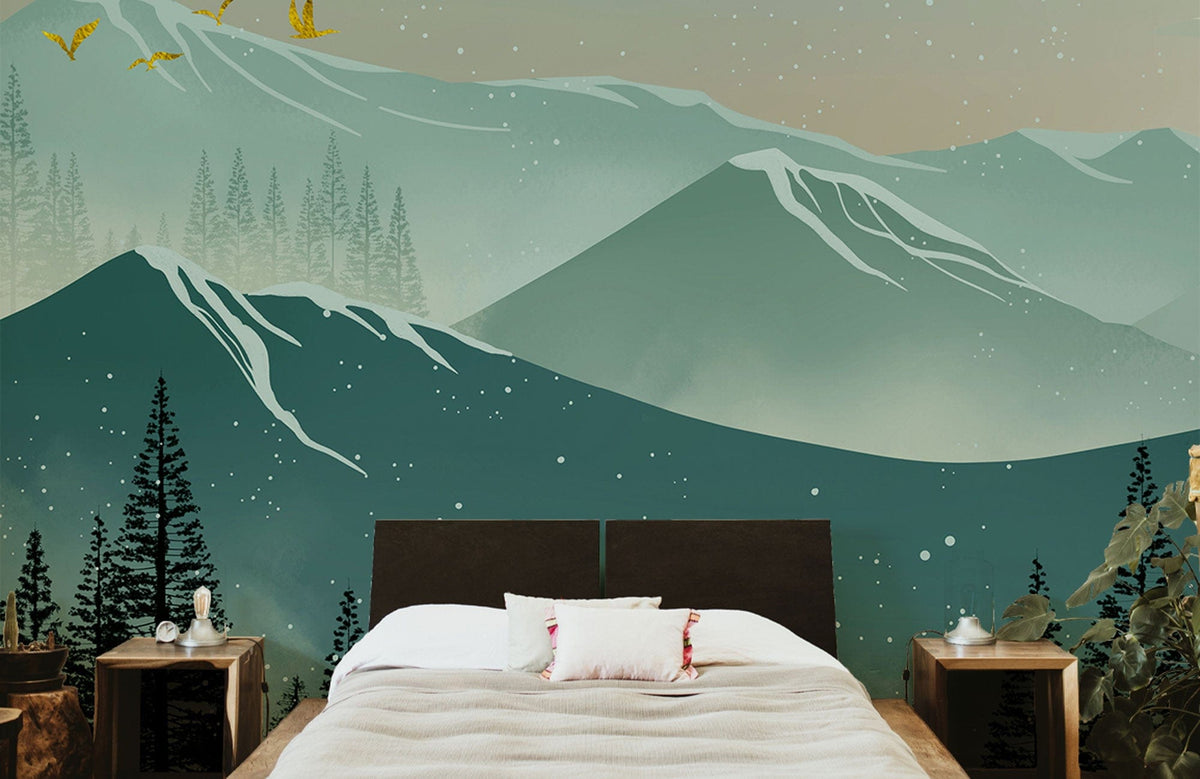 Serene mountain mural in teal, green tones behind modern bed, wooden side tables, neutral bedroom decor.