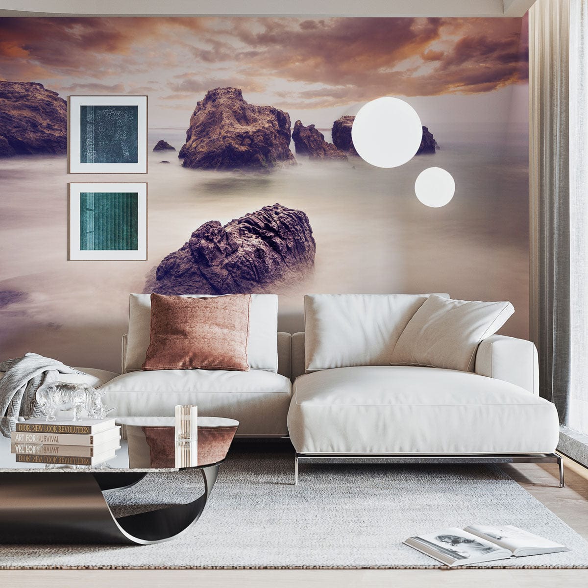 Serene Coastal Sunset Mural Wallpaper in living room with white sofas, modern coffee table, abstract art.