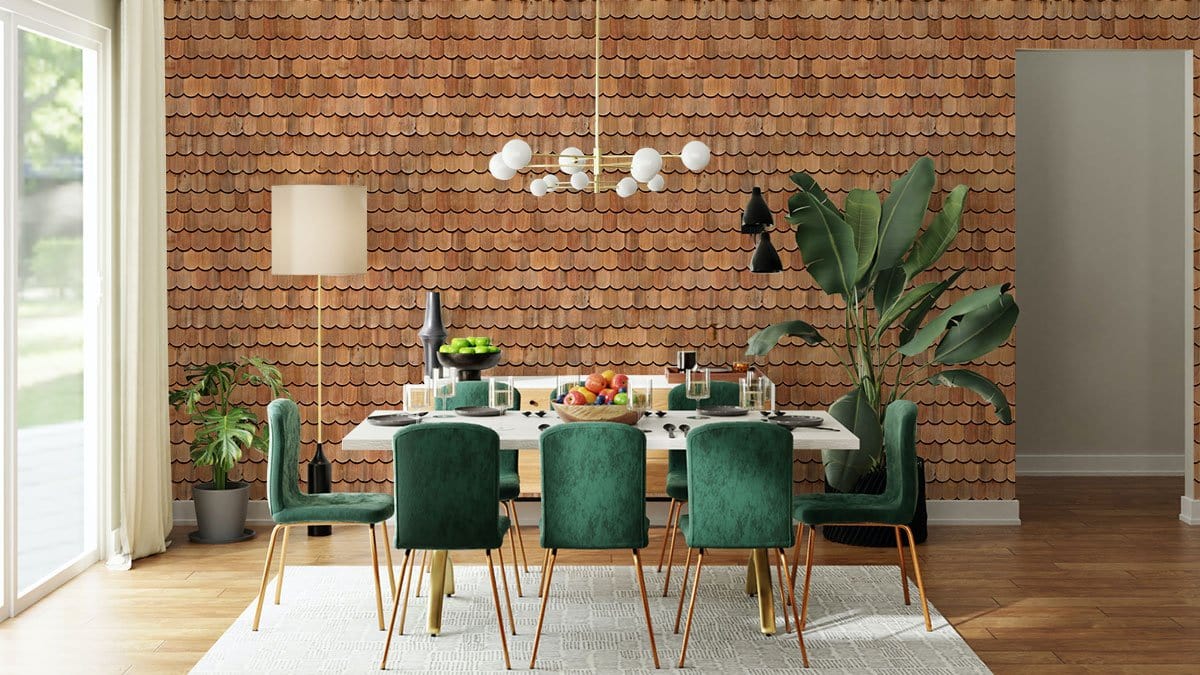 Rustic red brick wallpaper, green velvet chairs, wooden flooring, vintage dining room Décor, modern chandelier.