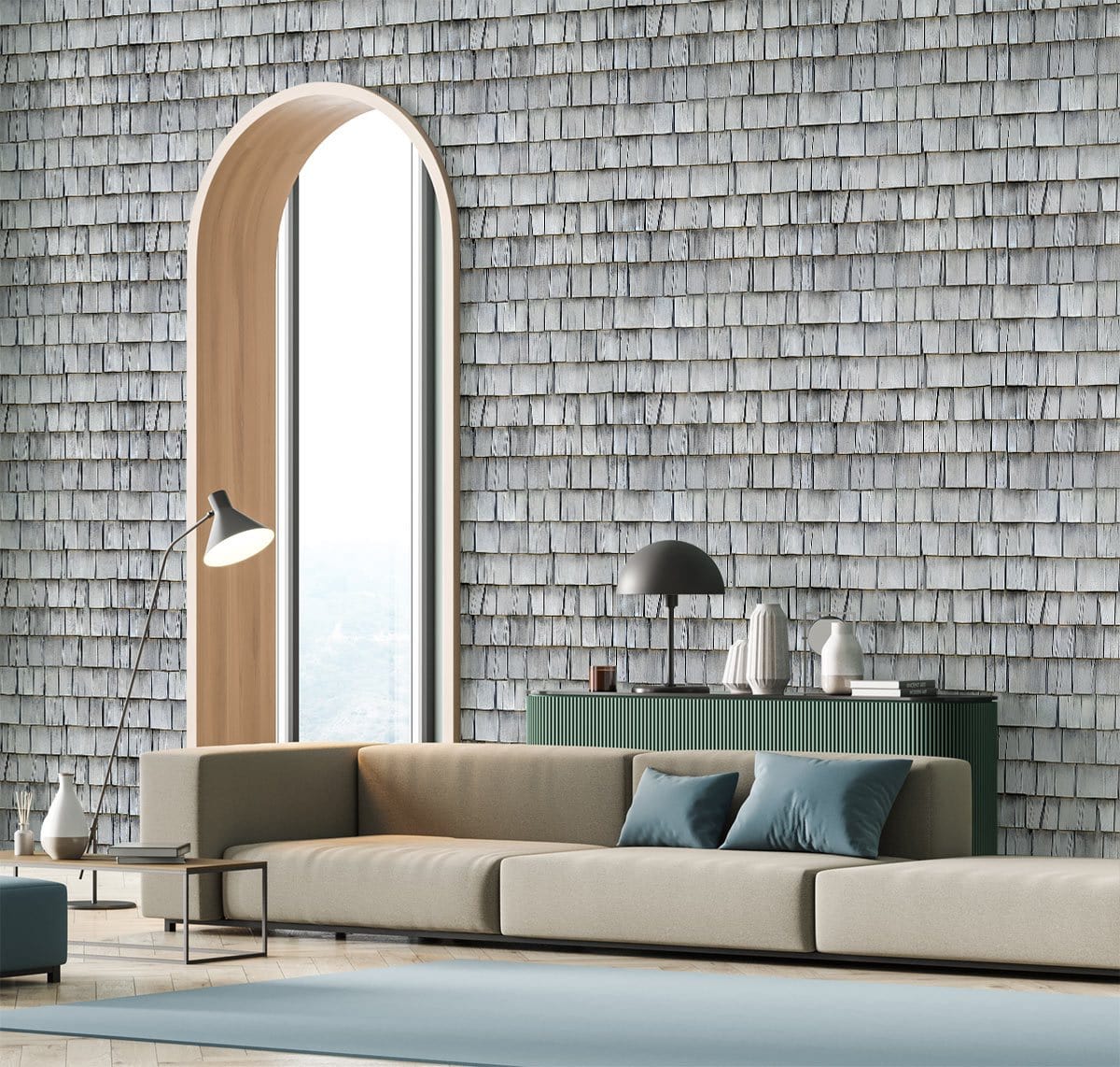 Rustic grey shingle wallpaper, modern interior design, curved window, contemporary beige sofa, sleek flooring.