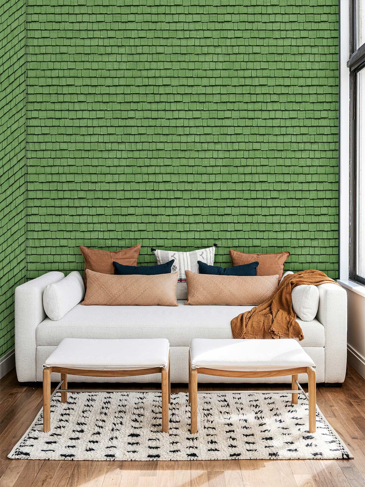 Green brick texture modern wallpaper, white sofa, wooden flooring, stylish rug, elegant accent wall design.