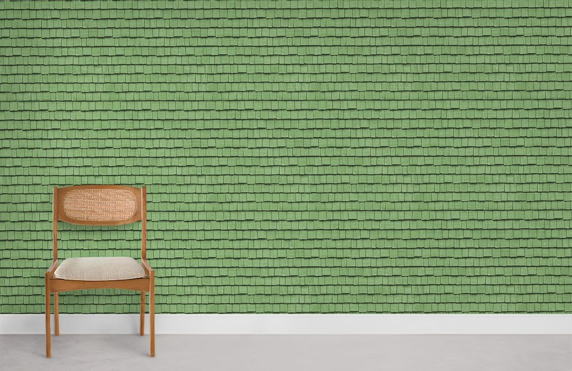 Green brick texture modern wallpaper with wooden chair, light grey flooring for elegant interior design.
