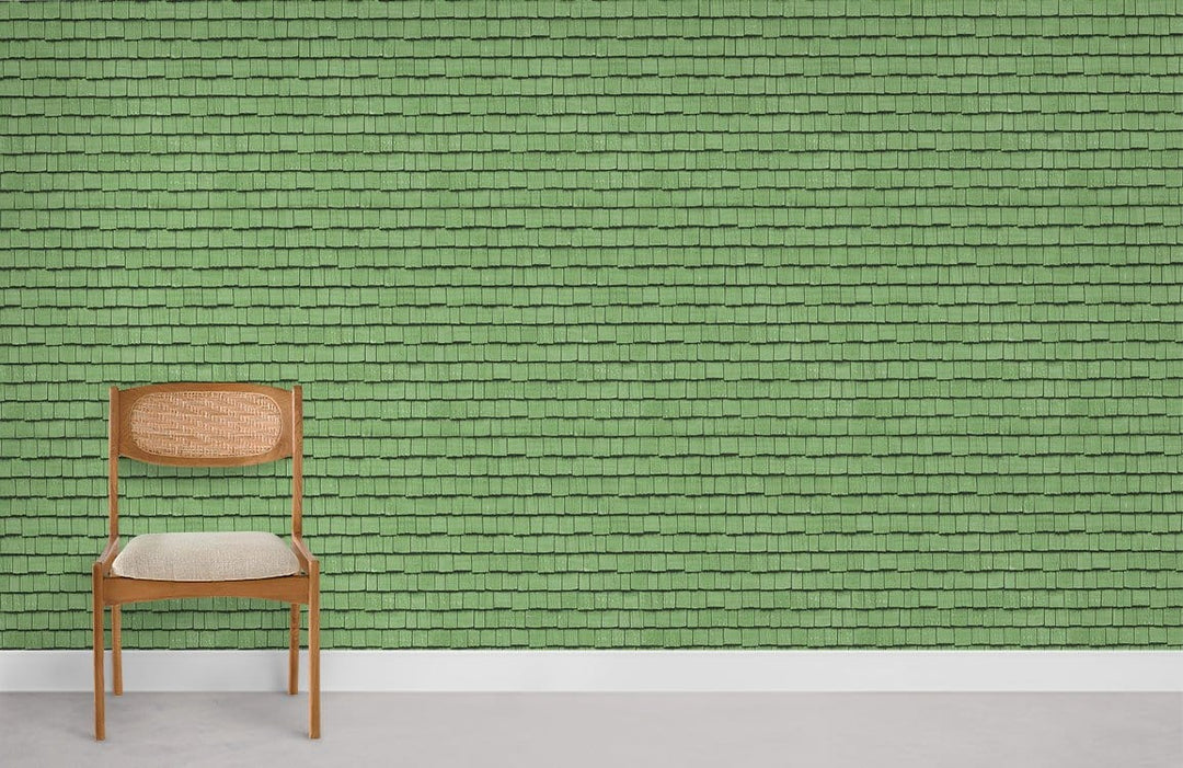 Green brick texture modern wallpaper with wooden chair, light grey flooring for elegant interior design.